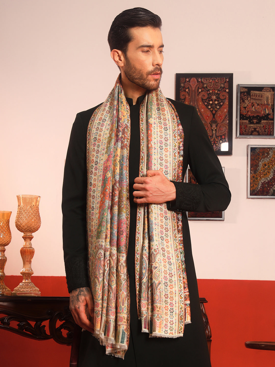 Pashmoda Men Libaas Zari Kaani Fine Wool Shawl (Size: 101X203 CM)