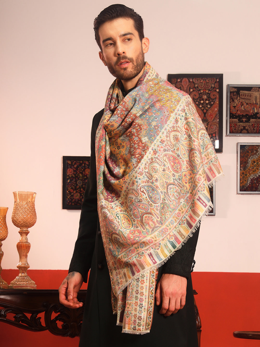 Pashmoda Men Libaas Zari Kaani Fine Wool Shawl (Size: 101X203 CM)