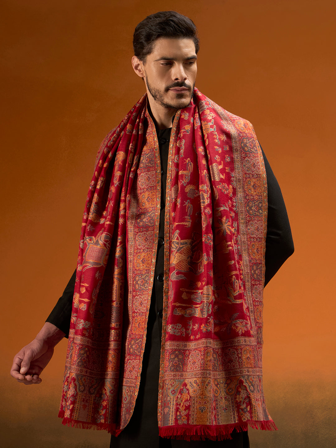 Pashmoda Men Gulrukh Reversible Kaani Zari Shawl, Rich All-Over Zari Woven Design, Authentic Kashmiri Pashmina Style Wrap, Medium Gents Lohi, Gift Box Packed, Maroon Colour (40 x 80 Inches)