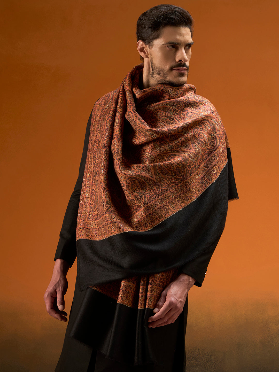 Pashmoda Men Regal Reversible Kaani Zari Shawl, Rich All-Over Zari Woven Design, Authentic Kashmiri Pashmina Style Wrap, Medium Gents Lohi, Gift Box Packed, Black Colour (40 x 80 Inches)