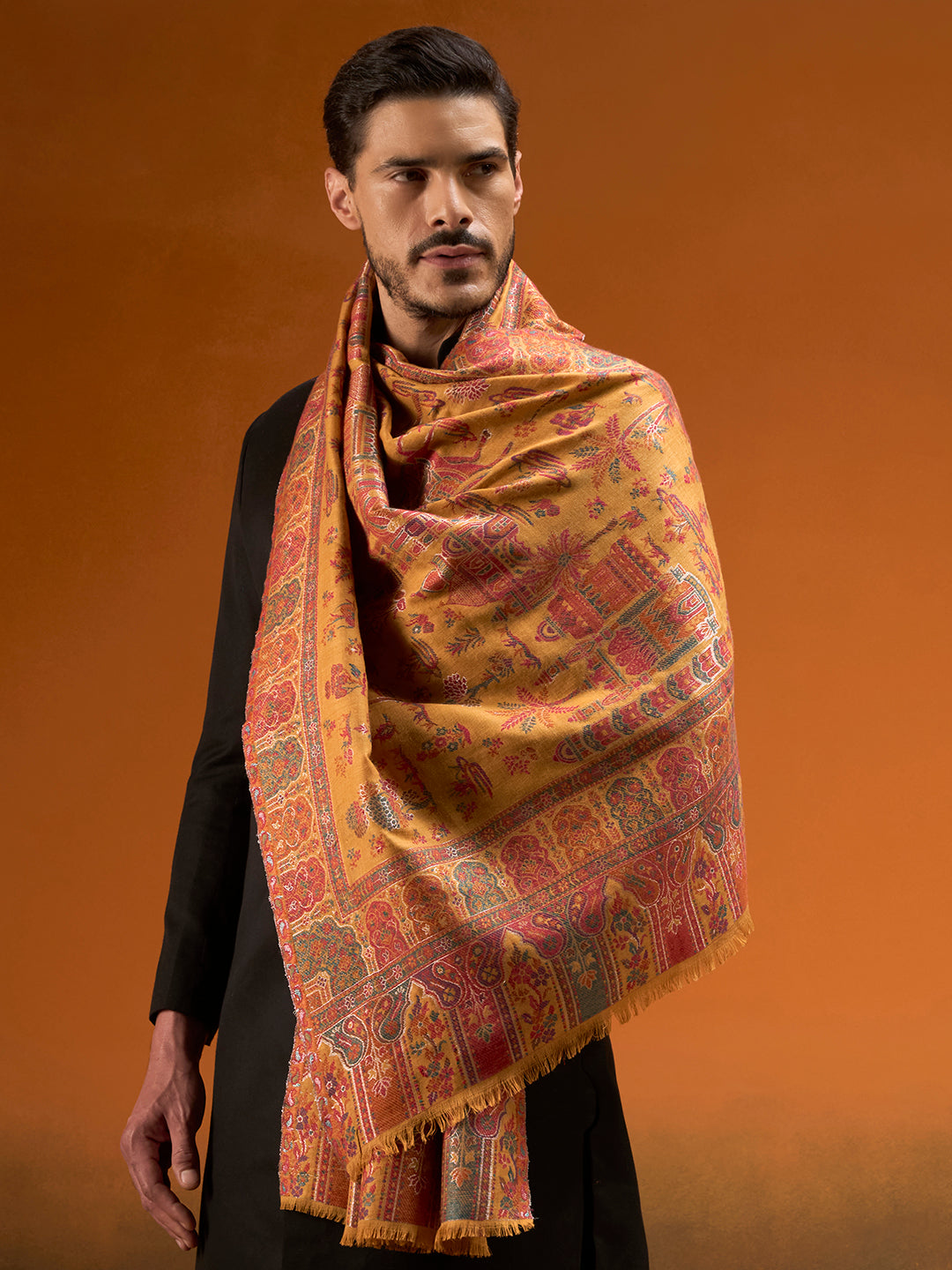 Pashmoda Men Gulrukh Reversible Kaani Zari Shawl, Rich All-Over Zari Woven Design, Authentic Kashmiri Pashmina Style Wrap, Medium Gents Lohi, Gift Box Packed, Mustard Colour (40 x 80 Inches)
