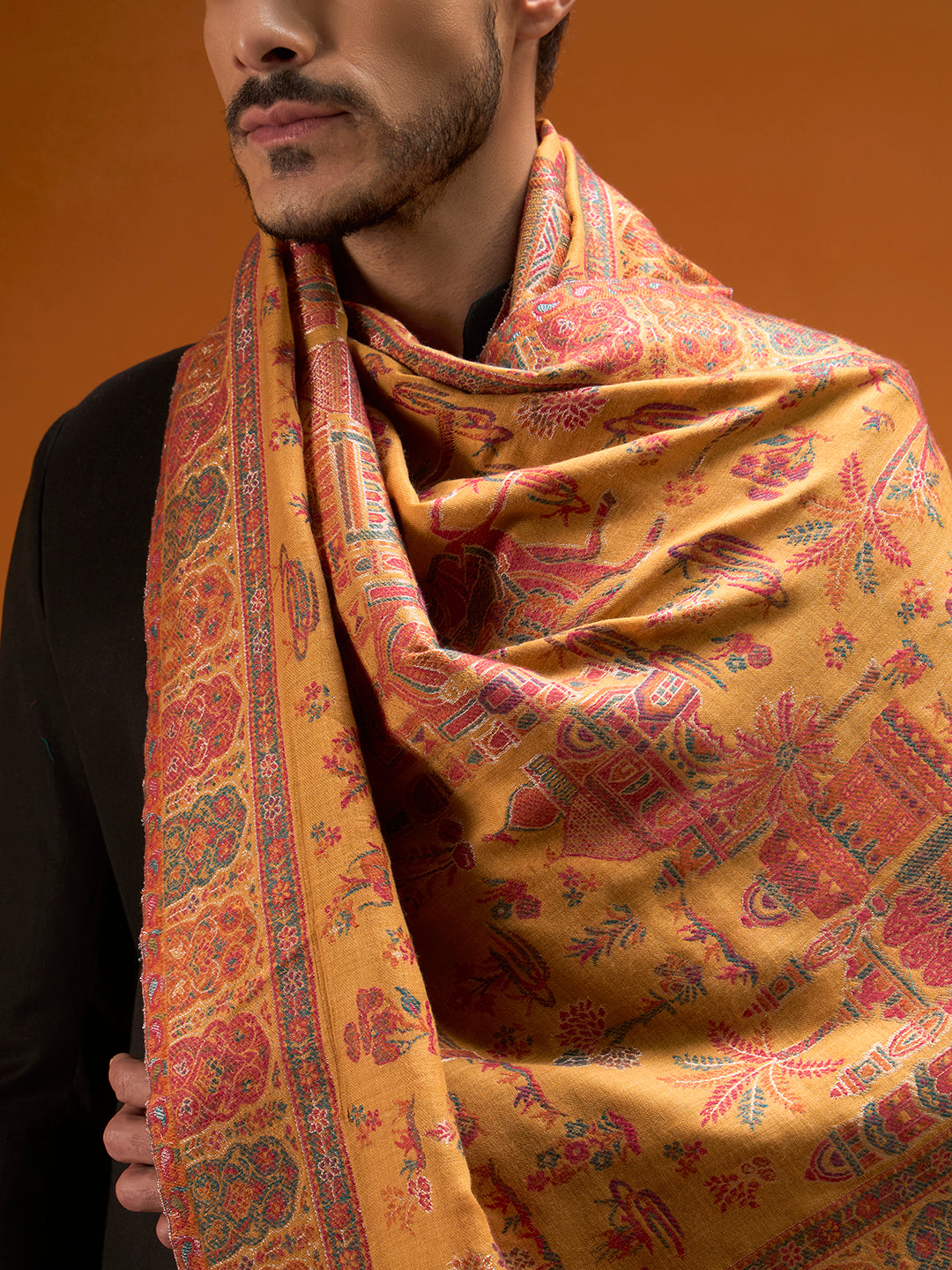 Pashmoda Men Gulrukh Reversible Kaani Zari Shawl, Rich All-Over Zari Woven Design, Authentic Kashmiri Pashmina Style Wrap, Medium Gents Lohi, Gift Box Packed, Mustard Colour (40 x 80 Inches)