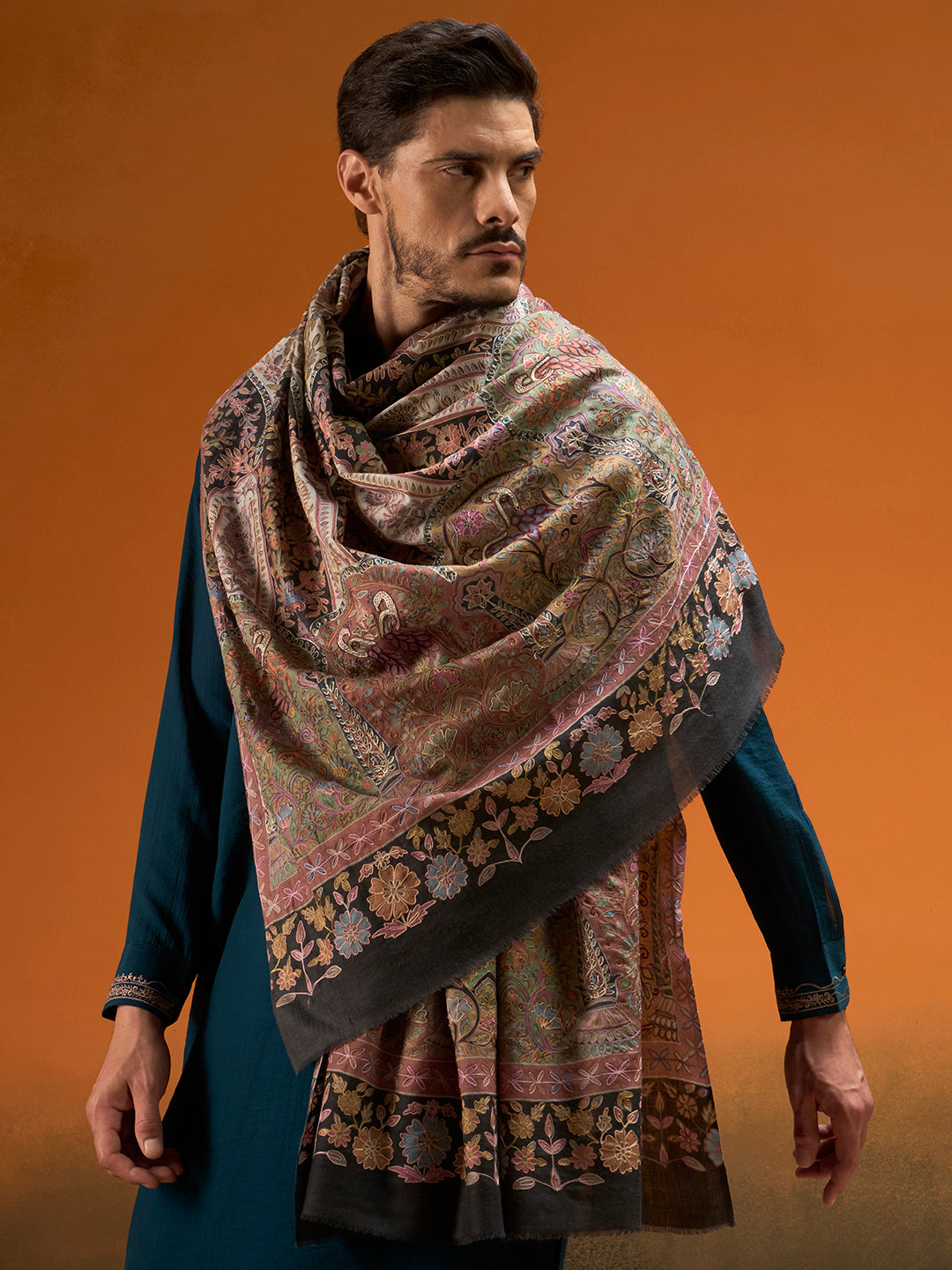 Men Mughlia Bagg Fine Wool Kalamkari Embroidered Shawl