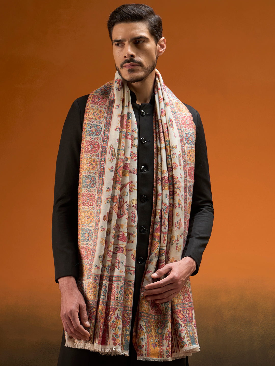 Pashmoda Men Gulrukh Reversible Kaani Zari Shawl, Rich All-Over Zari Woven Design, Authentic Kashmiri Pashmina Style Wrap, Medium Gents Lohi, Gift Box Packed, White Colour (40 x 80 Inches)