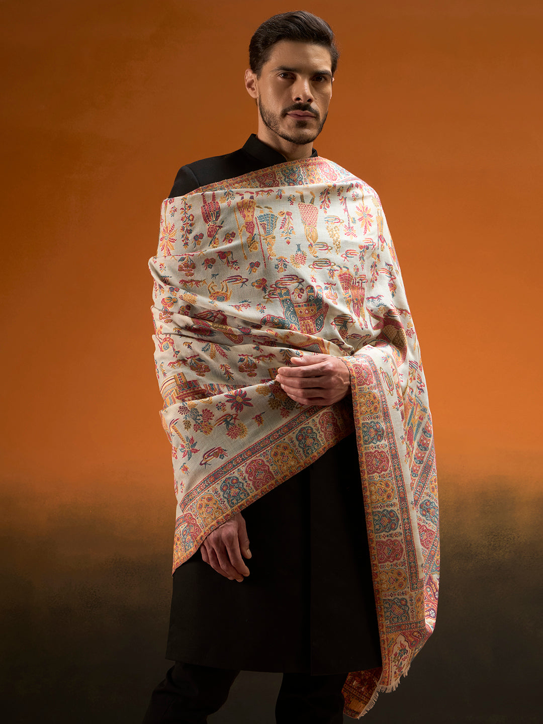 Pashmoda Men Gulrukh Reversible Kaani Zari Shawl, Rich All-Over Zari Woven Design, Authentic Kashmiri Pashmina Style Wrap, Medium Gents Lohi, Gift Box Packed, White Colour (40 x 80 Inches)