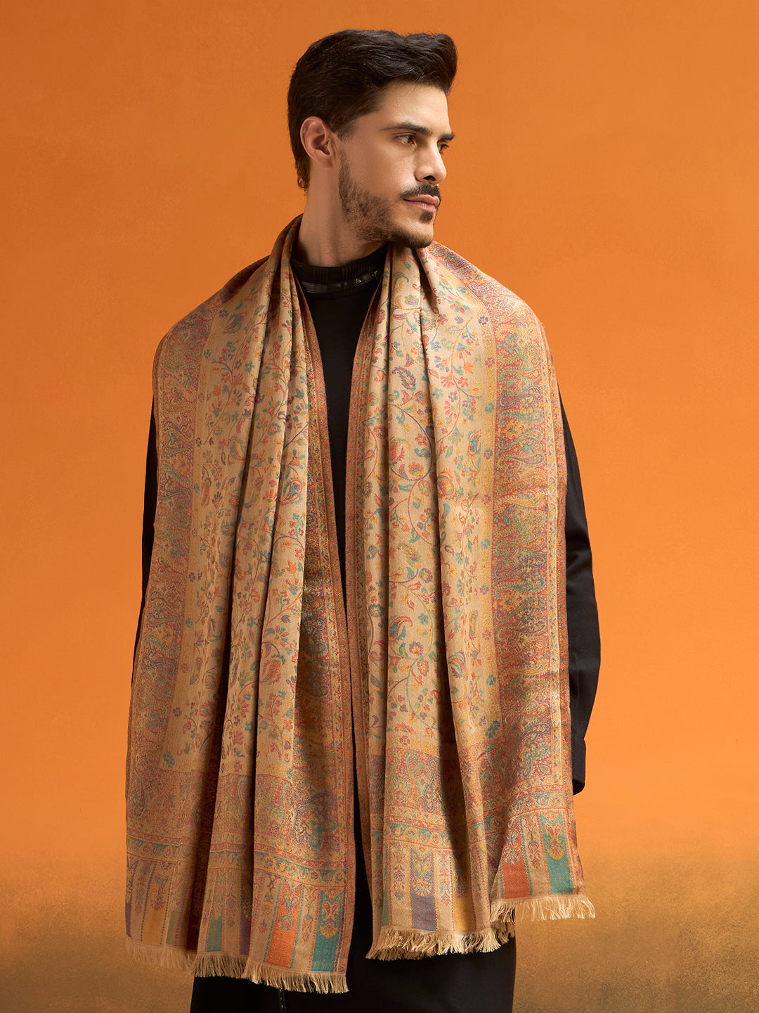 Pashmoda Men Royal botanica Kaani Stole, Authentic Kashmiri Pashmina Style Wool Shawl, Gents Lohi Wrap, Traditional Jamawar Woven Design, Beige Colour (28 x 80 Inches)