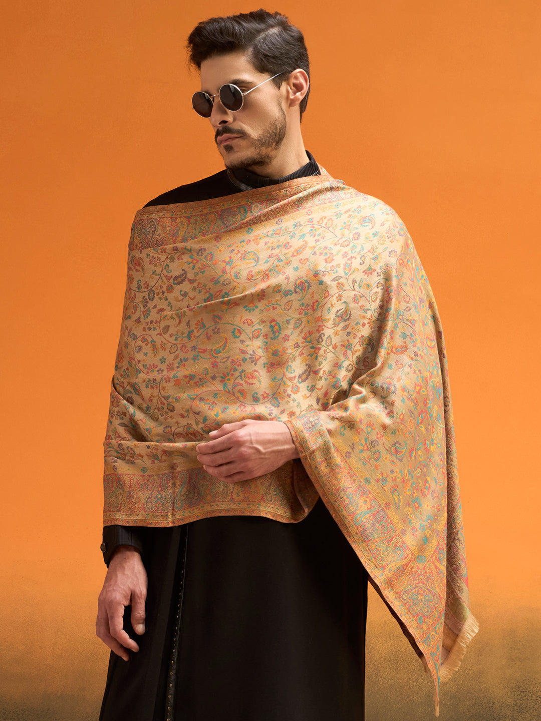 Pashmoda Men Royal botanica Kaani Stole, Authentic Kashmiri Pashmina Style Wool Shawl, Gents Lohi Wrap, Traditional Jamawar Woven Design, Beige Colour (28 x 80 Inches)