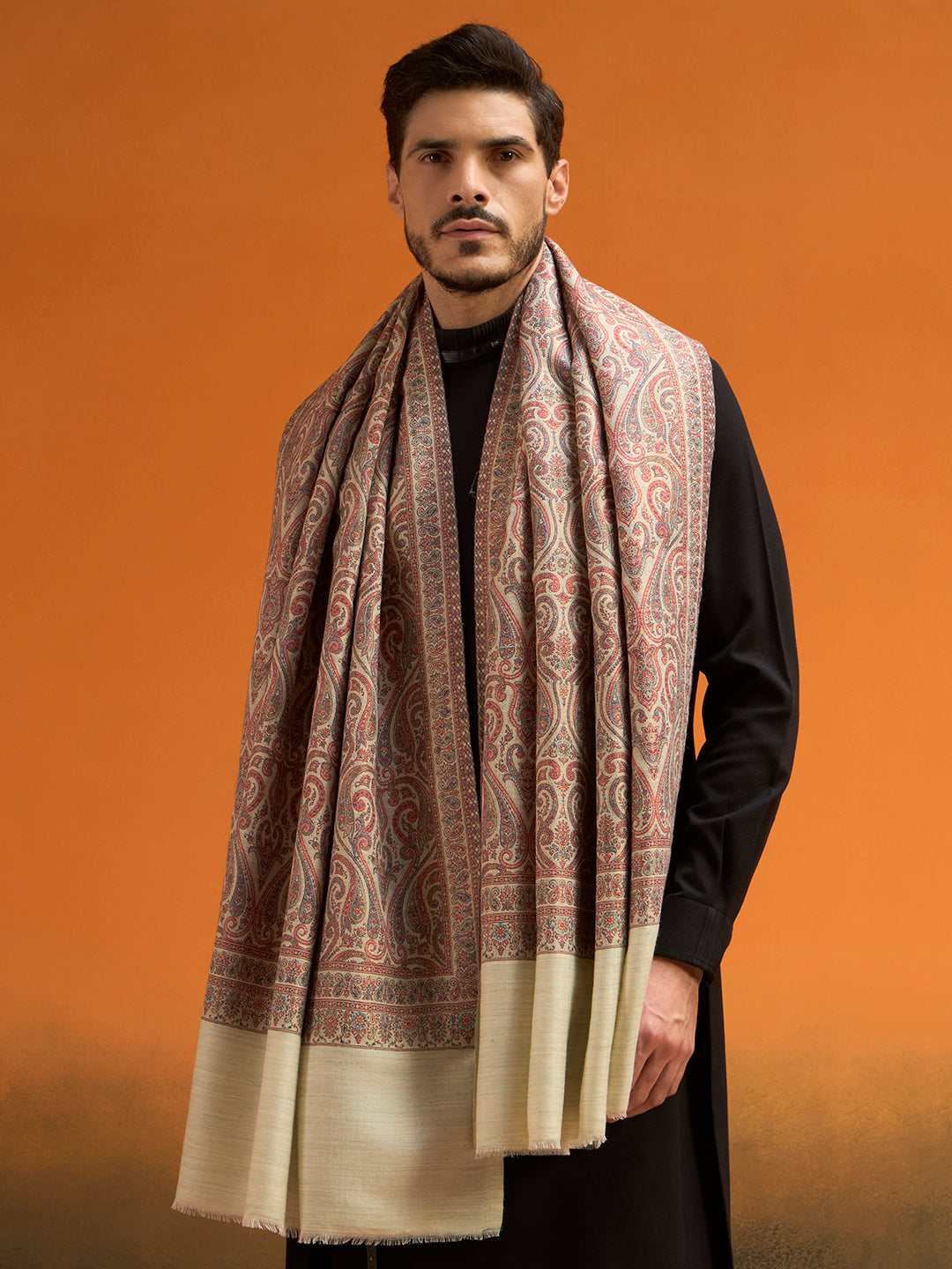 Pashmoda Men Regalis Reversible Kaani Zari Shawl, Rich All-Over Zari Woven Design, Authentic Kashmiri Pashmina Style Wrap, Medium Gents Lohi, Gift Box Packed, Mint Colour (40 x 80 Inches)
