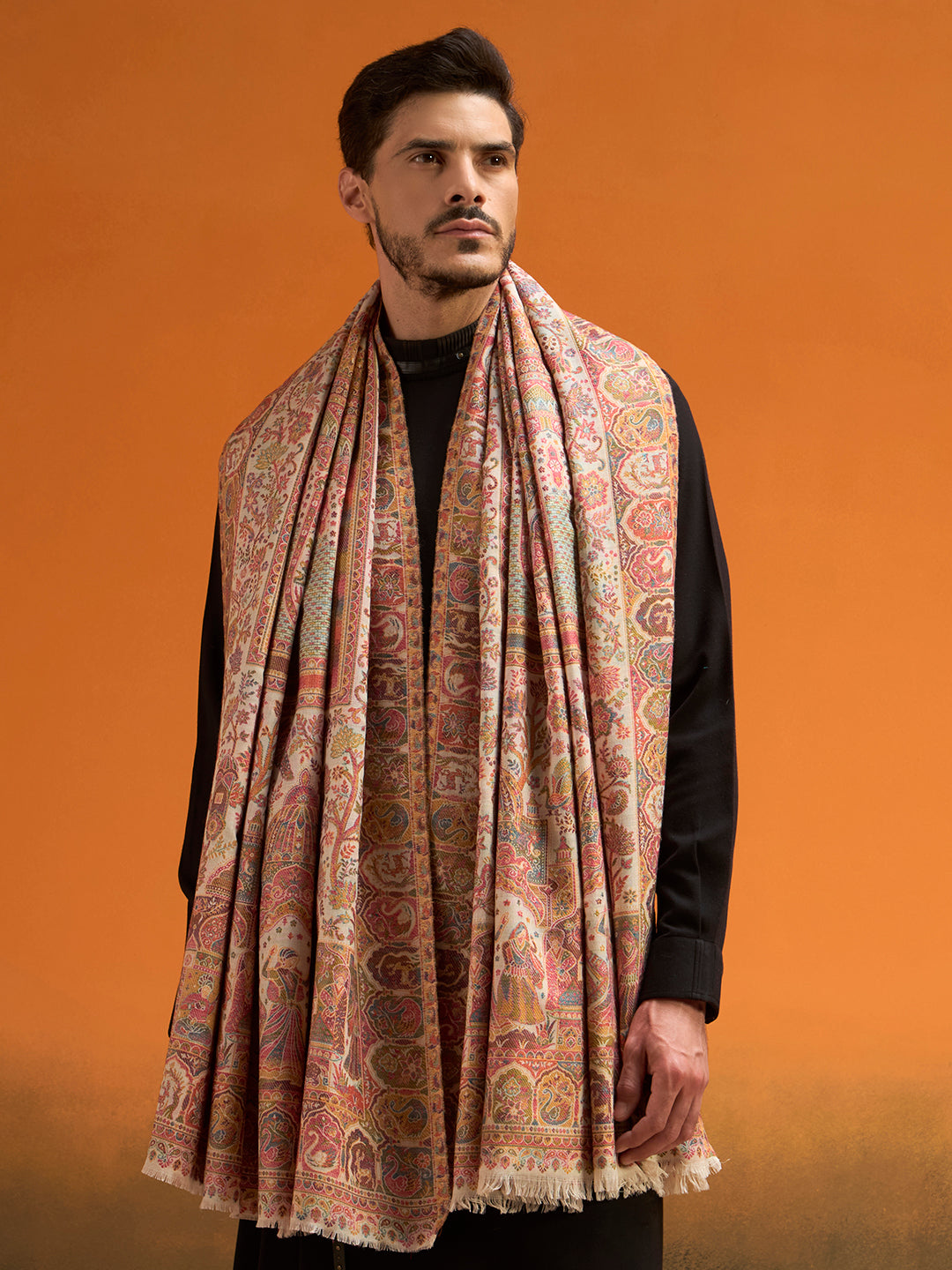 Pashmoda Men Shahi Manzar Fine Wool Kaani Shawl, Authentic Kashmiri Pashmina Style Wrap, Medium Gents Lohi, Traditional Jamawar Woven Design, Gift Box Packed, White Colour (40 x 80 Inches)