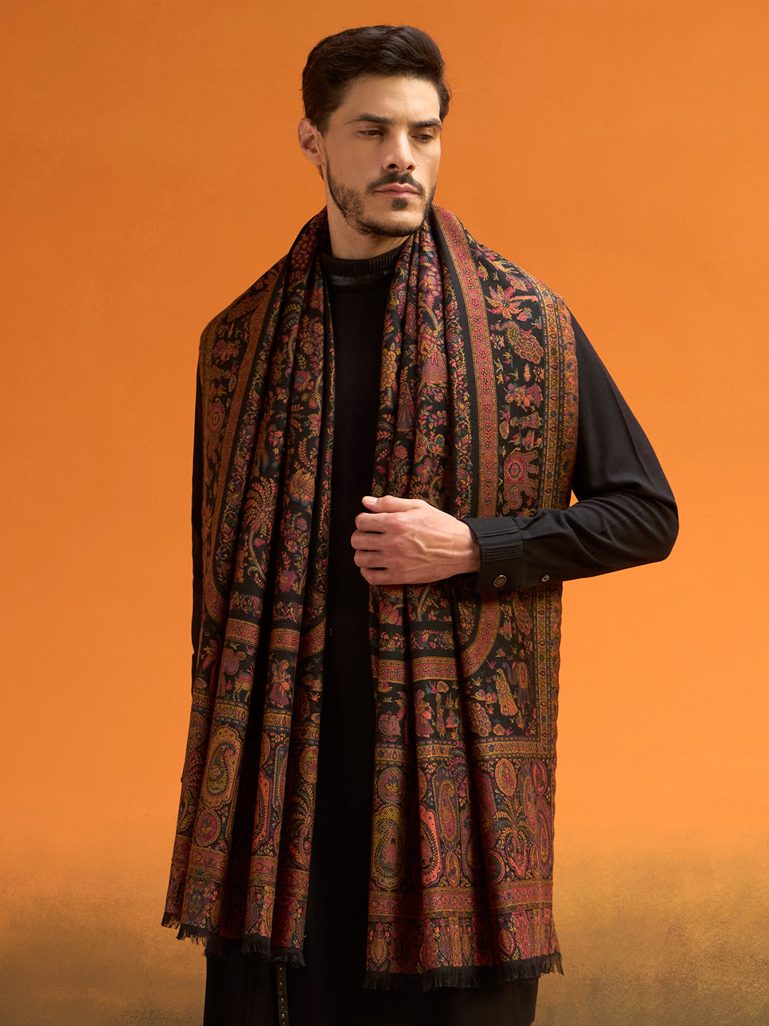 Pashmoda Men Kaani Orchard Fine Wool Kaani Shawl, Authentic Kashmiri Pashmina Style Wrap, Medium Gents Lohi, Traditional Jamawar Woven Design, Gift Box Packed, Black Colour (40 x 80 Inches)