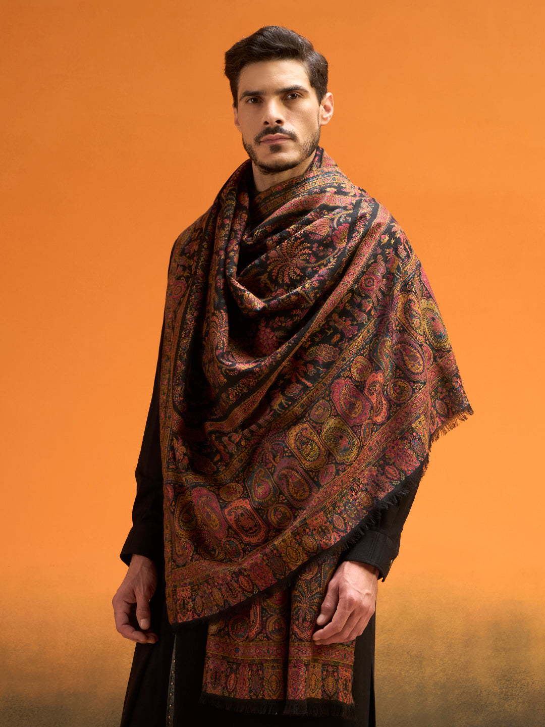 Pashmoda Men Kaani Orchard Fine Wool Kaani Shawl, Authentic Kashmiri Pashmina Style Wrap, Medium Gents Lohi, Traditional Jamawar Woven Design, Gift Box Packed, Black Colour (40 x 80 Inches)