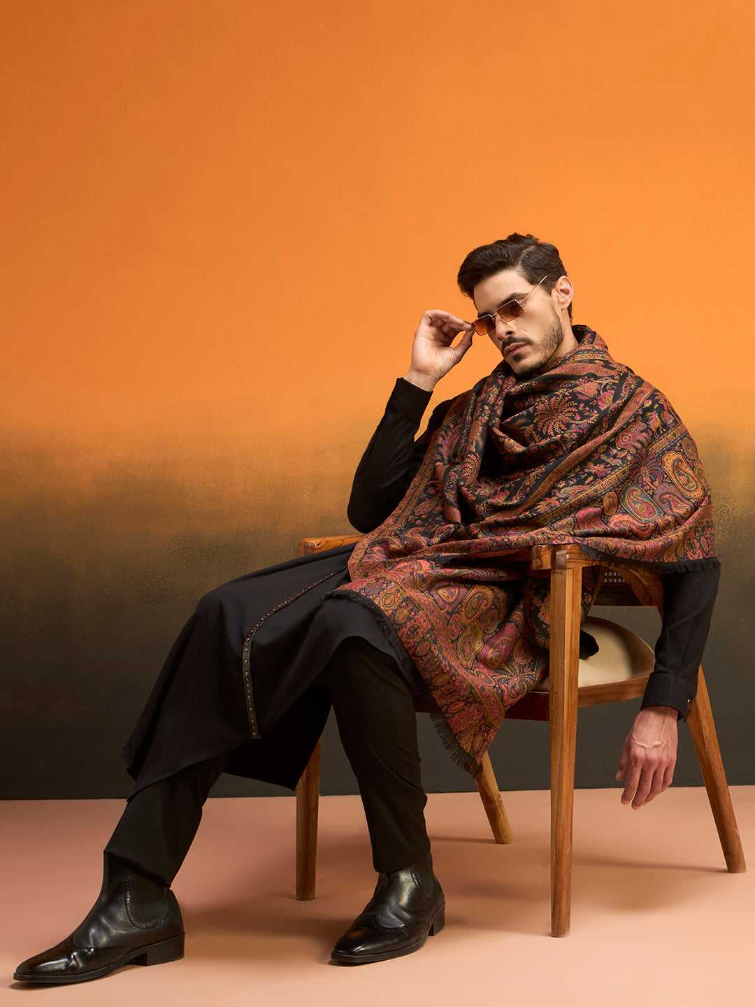 Pashmoda Men Kaani Orchard Fine Wool Kaani Shawl, Authentic Kashmiri Pashmina Style Wrap, Medium Gents Lohi, Traditional Jamawar Woven Design, Gift Box Packed, Black Colour (40 x 80 Inches)