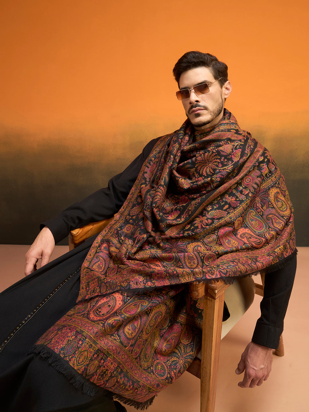 Pashmoda Men Kaani Orchard Fine Wool Kaani Shawl, Authentic Kashmiri Pashmina Style Wrap, Medium Gents Lohi, Traditional Jamawar Woven Design, Gift Box Packed, Black Colour (40 x 80 Inches)