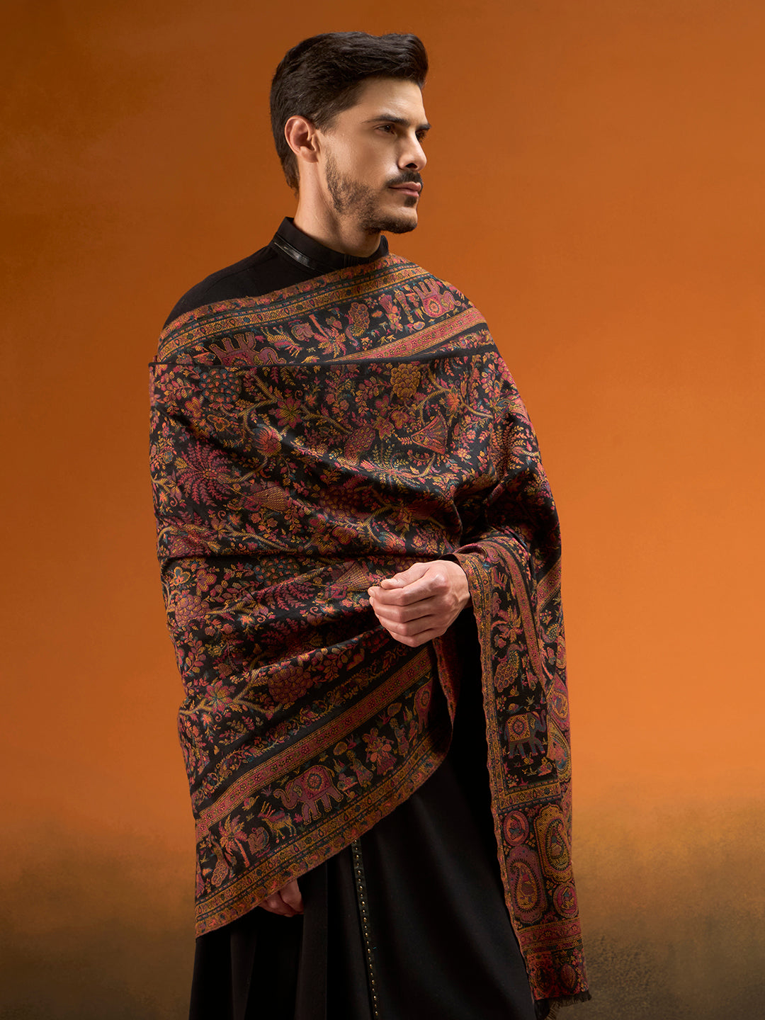 Pashmoda Men Kaani Orchard Fine Wool Kaani Shawl, Authentic Kashmiri Pashmina Style Wrap, Medium Gents Lohi, Traditional Jamawar Woven Design, Gift Box Packed, Black Colour (40 x 80 Inches)