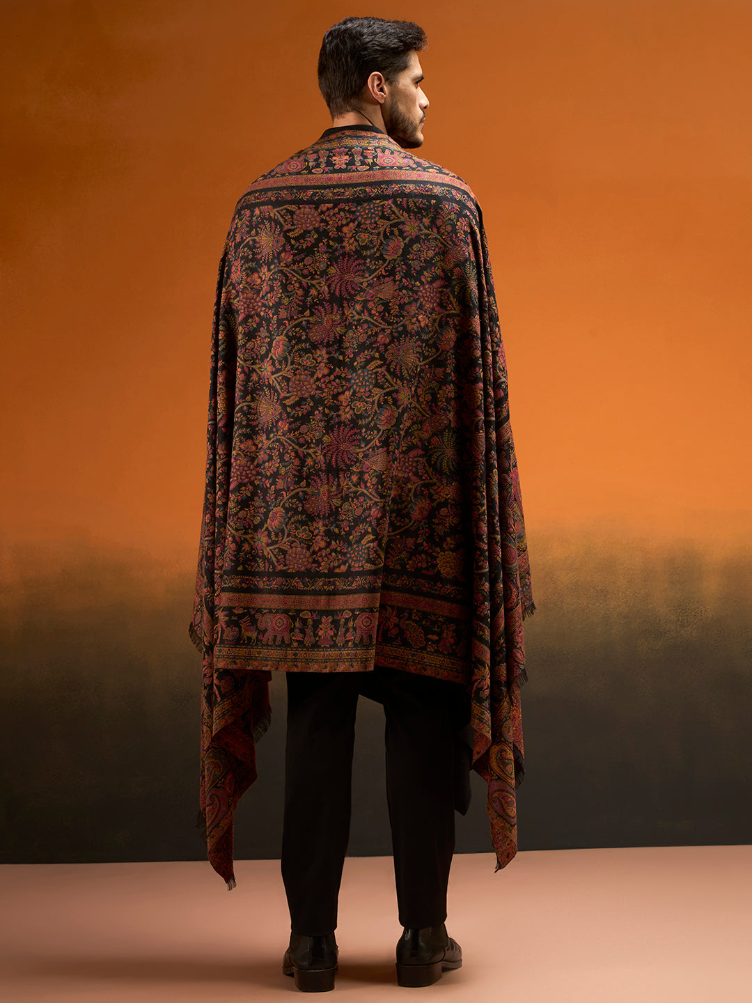 Pashmoda Men Kaani Orchard Fine Wool Kaani Shawl, Authentic Kashmiri Pashmina Style Wrap, Medium Gents Lohi, Traditional Jamawar Woven Design, Gift Box Packed, Black Colour (40 x 80 Inches)