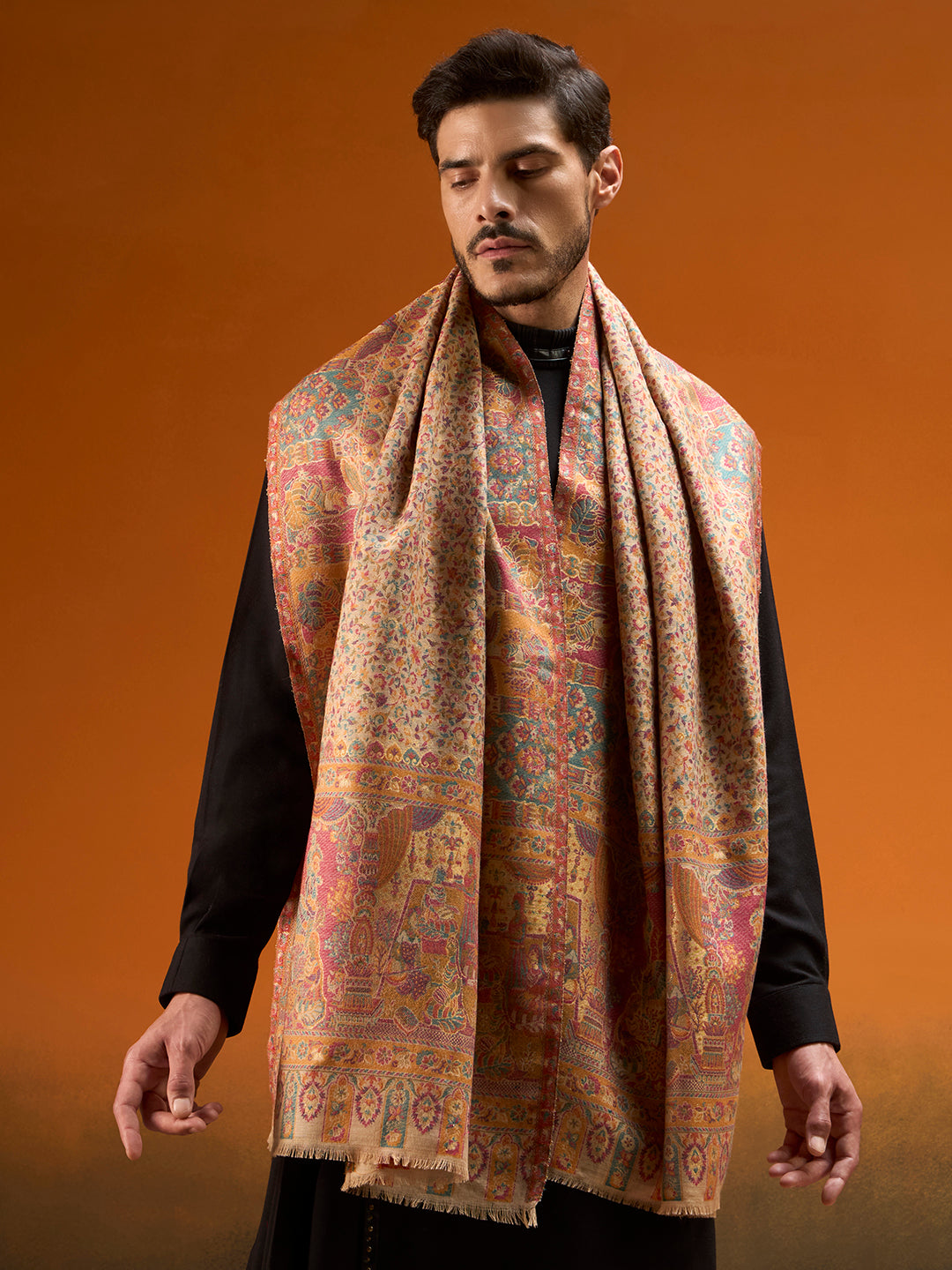 Pashmoda Men Persian Court Fine Wool Kaani Shawl, Authentic Kashmiri Pashmina Style Wrap, Medium Gents Lohi, Traditional Jamawar Woven Design, Gift Box Packed, Beige Colour (40 x 80 Inches)