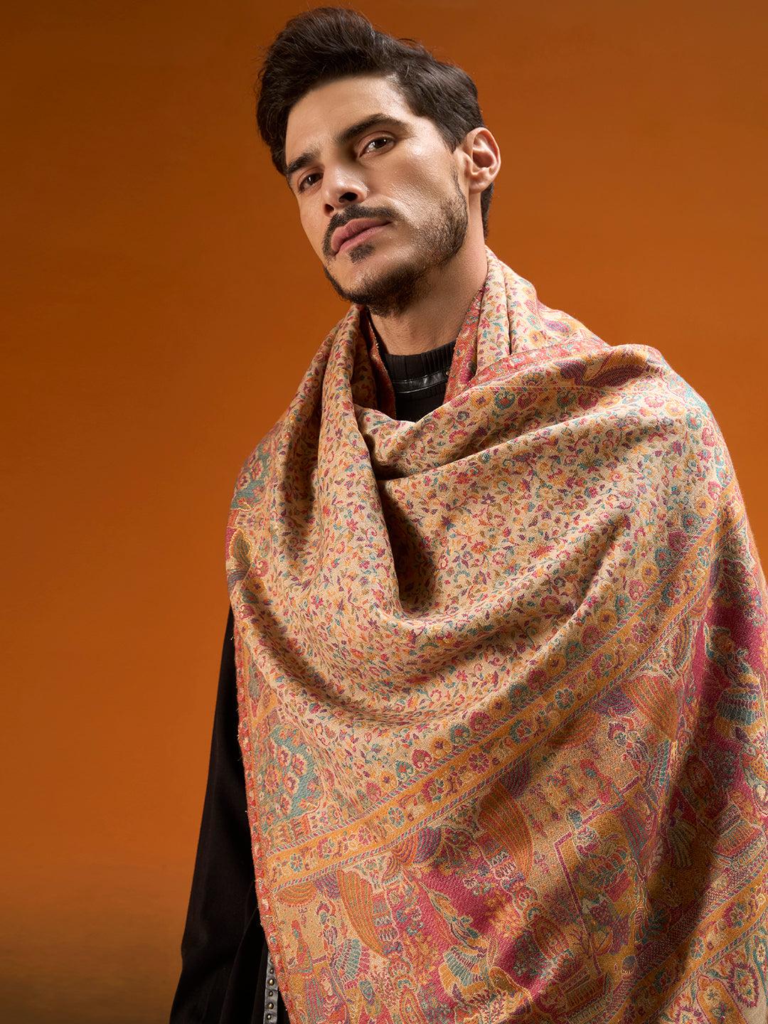 Pashmoda Men Persian Court Fine Wool Kaani Shawl, Authentic Kashmiri Pashmina Style Wrap, Medium Gents Lohi, Traditional Jamawar Woven Design, Gift Box Packed, Beige Colour (40 x 80 Inches)