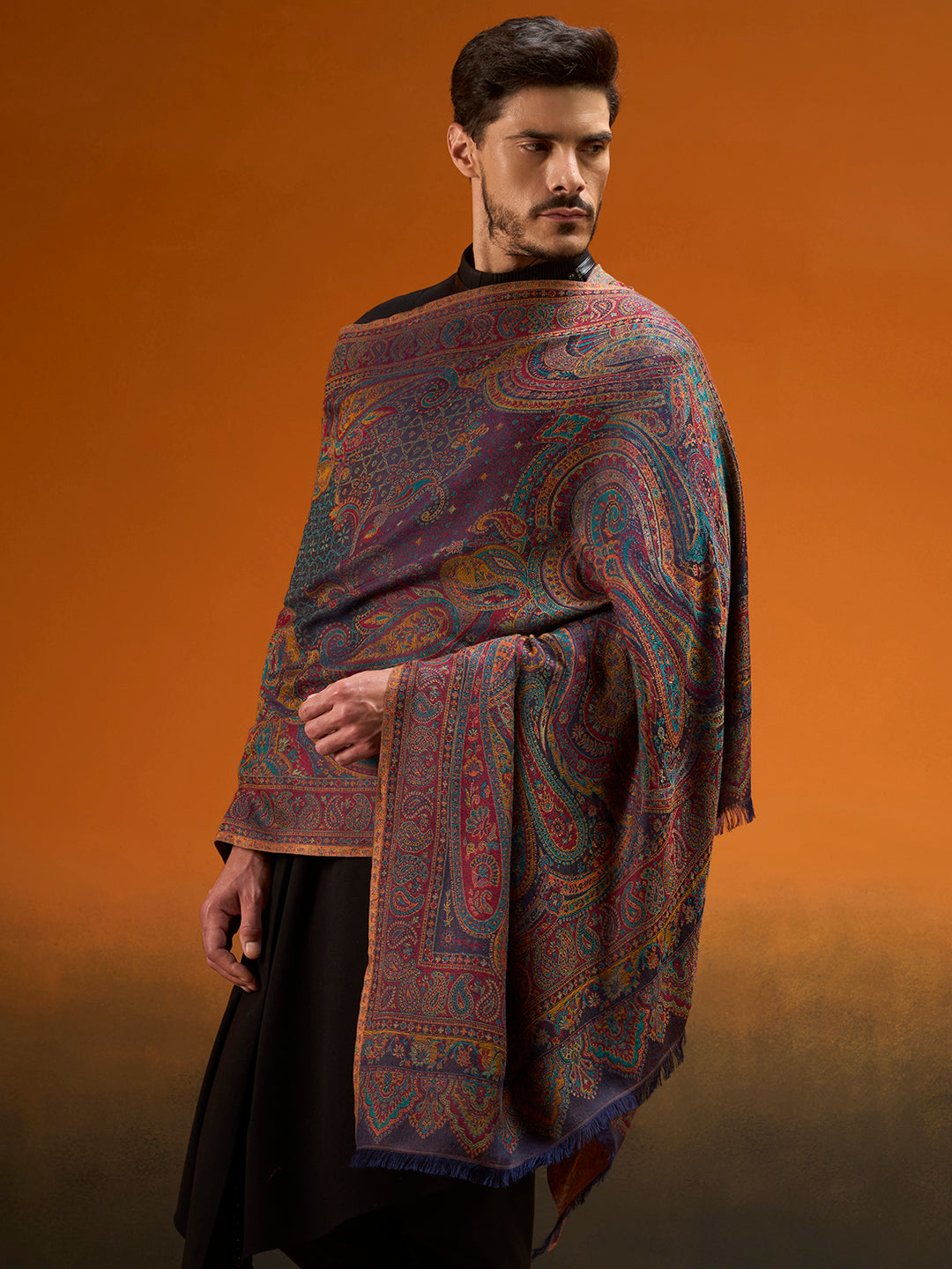 Pashmoda Men Grand Paisley Kaani Shawl, Authentic Kashmiri Pashmina Style Wrap, Medium Gents Lohi, Traditional Jamawar Woven Design, Gift Box Packed, Navyblue Colour (40 x 80 Inches)