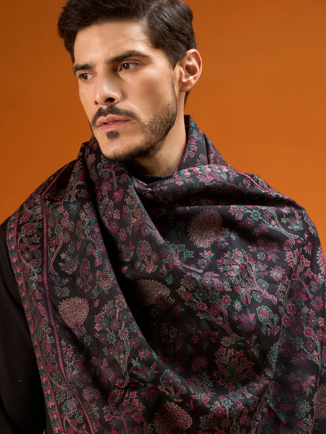 Pashmoda Men Aurelia Kaani Stole, Authentic Kashmiri Pashmina Style Wool Shawl, Gents Lohi Wrap, Traditional Jamawar Woven Design, Black Colour (28 x 80 Inches)