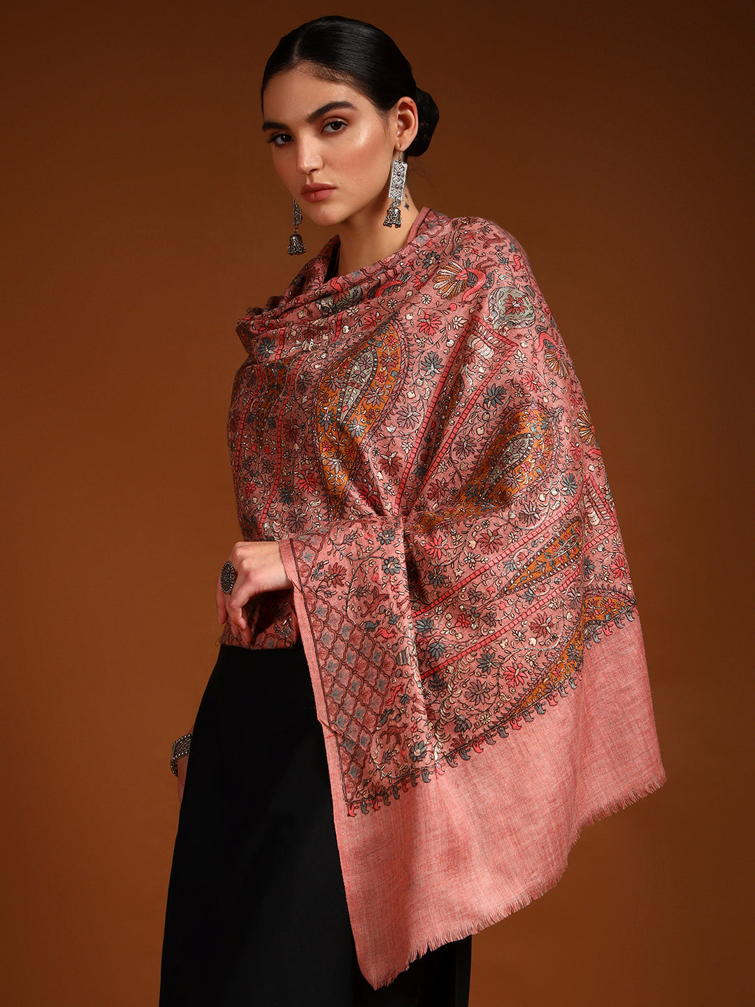 Pashmoda Women Nafeesah 100% Pure Wool Sozni Hand Embroidered Stole (Size-71x203cm)