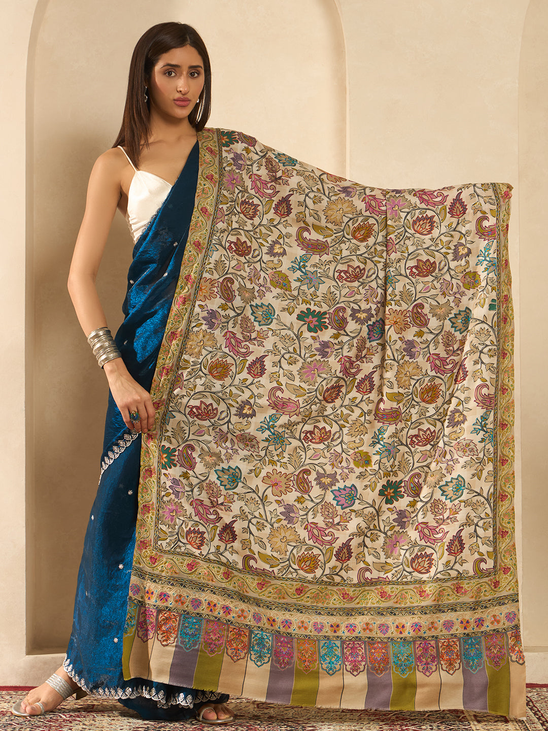Women Nazakat Fine Wool Fabric Kalamkari Embroidered Shawl,