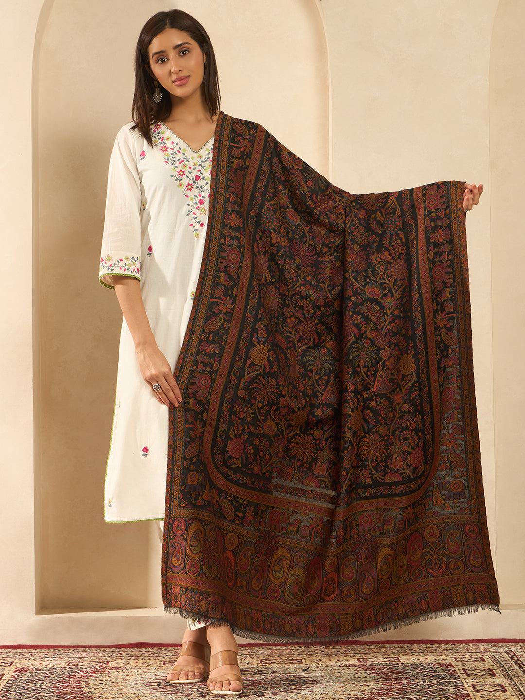 Pashmoda Women Orchard Kaani Wool Blend Kashmiri Shawl, Stole, Scarf | Luxury Pashmina Jamawar Soft Warm Evening Wrap (Size 40X80 inches )