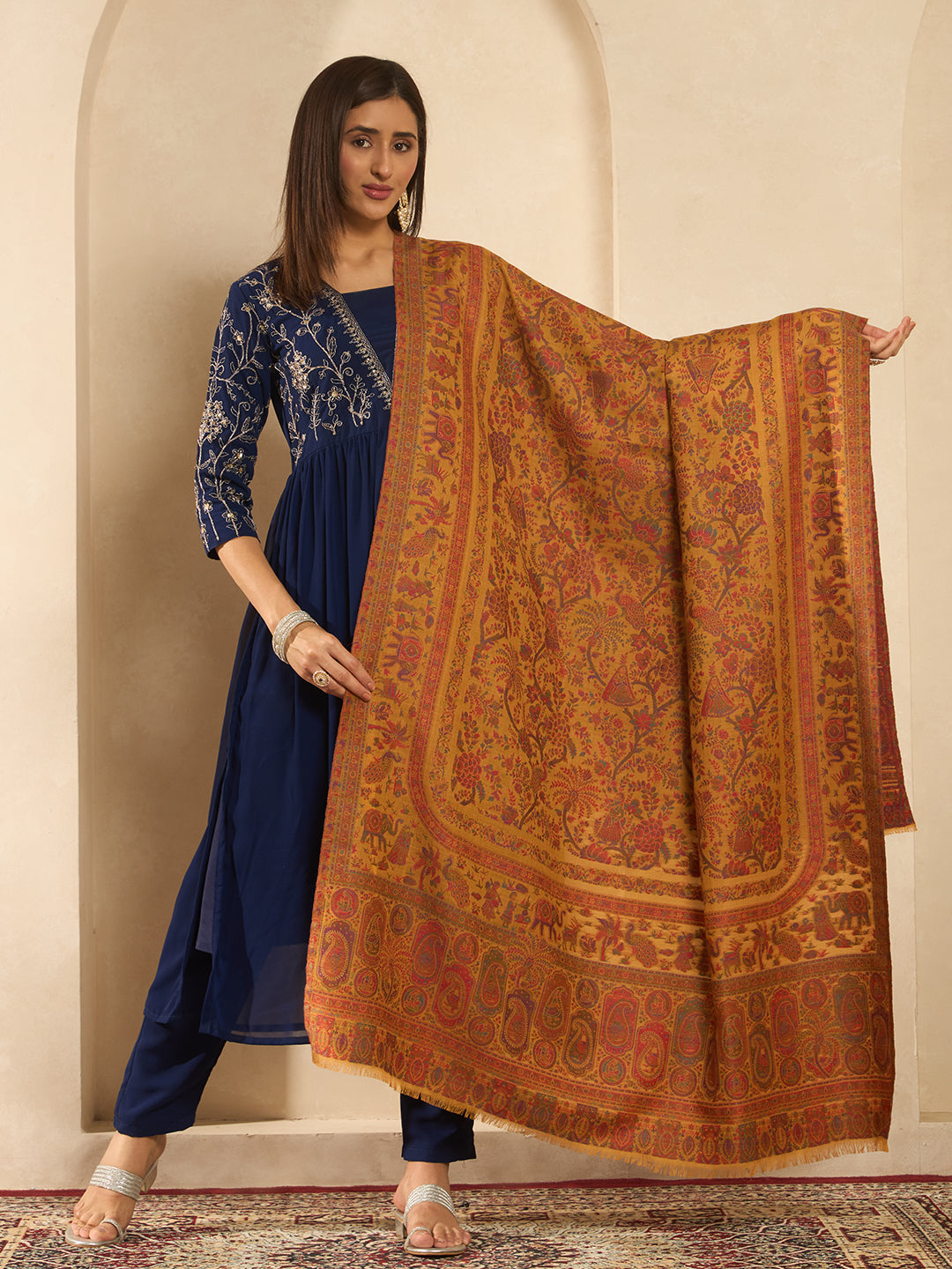 Pashmoda Women Orchard Kaani Wool Blend Kashmiri Shawl, Stole, Scarf | Luxury Pashmina Jamawar Soft Warm Evening Wrap (Size 40X80 inches )