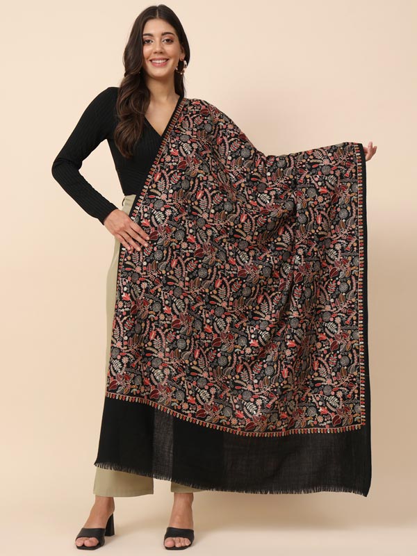 Black base bright coloured wool shawl, Total hand embroidered woollen  shawl, All over hand embroidered Kashmir shawl.