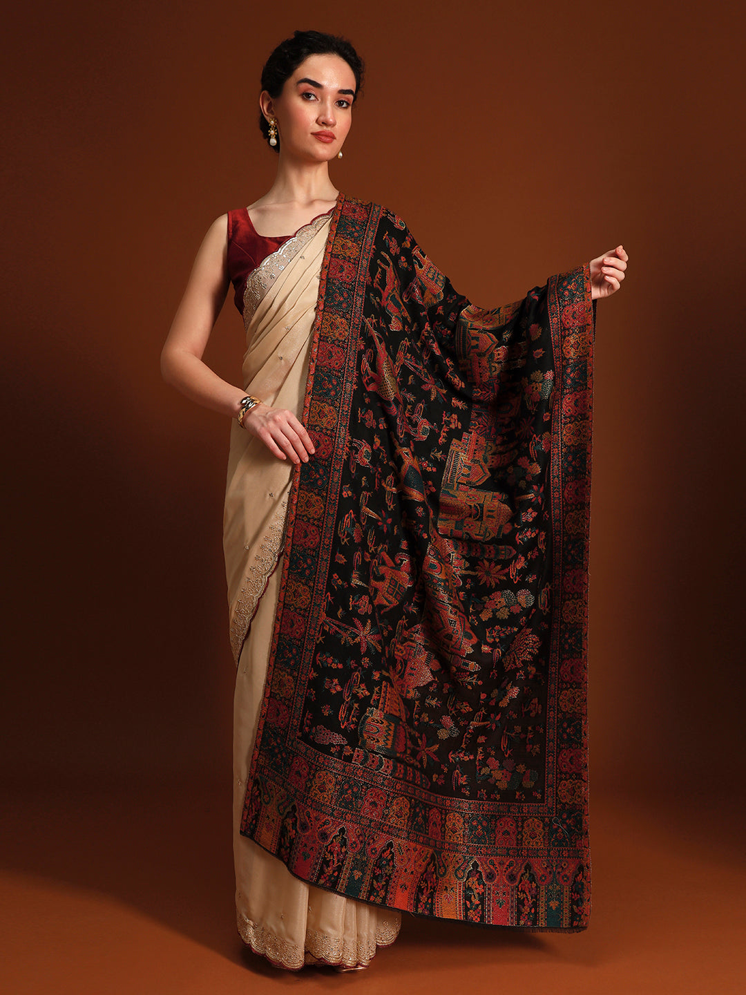 Pashmoda Imperial Caravan kaani stole Stole for Women, Wool Blend Pashmina Style Shawl Wrap, Traditional Kashmiri Jamawar Woven Design, Luxury Evening & Festive Scarf (28 x 80 Inches)