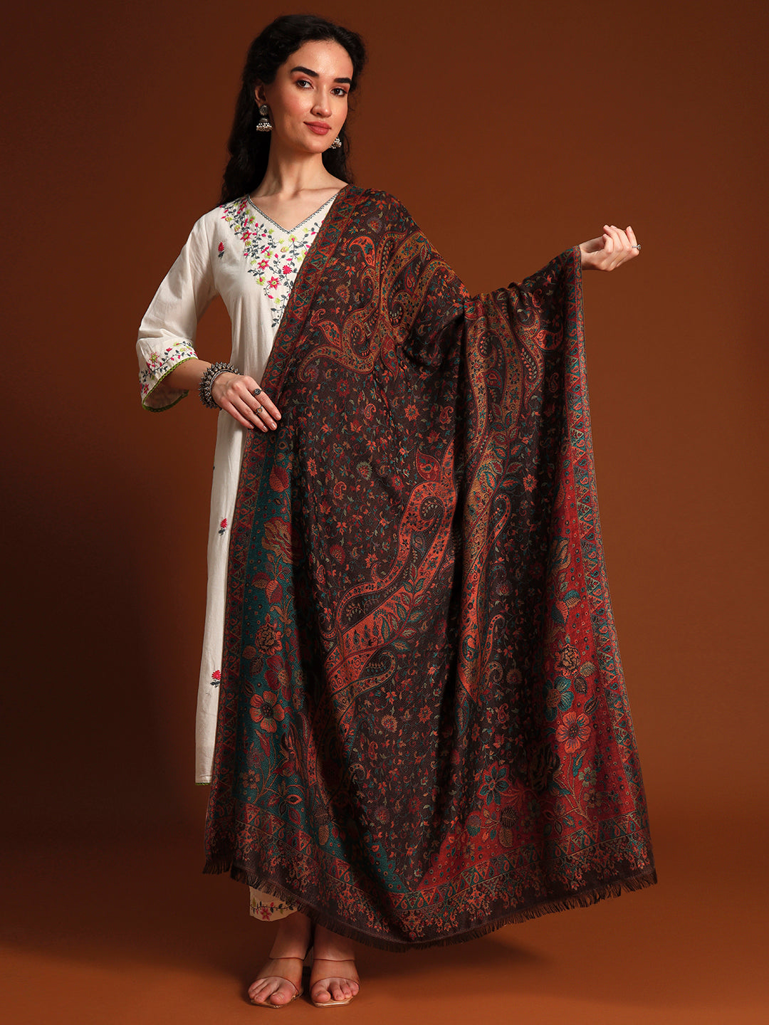 Pashmoda Women Floral Heritage Kaani Elegance Wool Blend Kashmiri Shawl, Stole, Scarf | Luxury Pashmina Jamawar Soft Warm Evening Wrap (Size 40X80 inches )