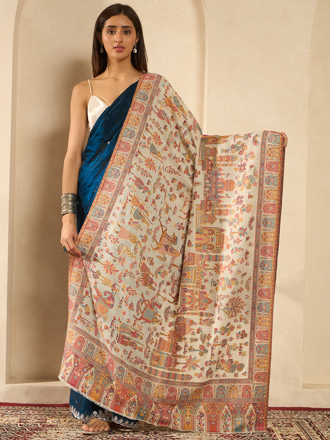 Pashmoda Women Gulrukh Zari Reversible Kaani Fine Wool Shawl, Shawl, Scarf, Heritage Kashmiri Pashmina Stole, Evening Wrap (Size 40X80 inches)