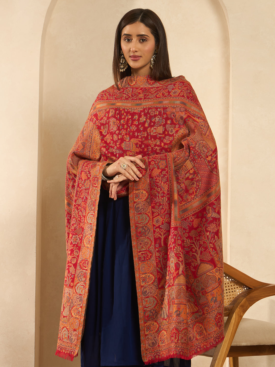 Pashmoda Women Shahi Manzar Kaani Wool Blend Kashmiri Shawl, Stole, Scarf | Luxury Pashmina Jamawar Soft Warm Evening Wrap (Size 40X80 inches )