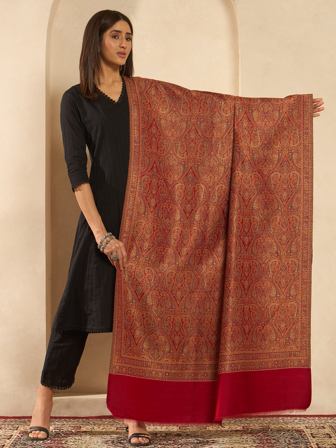 Pashmoda Women Regalis Zari Reversible Kaani Fine Wool Shawl, Shawl, Scarf, Heritage Kashmiri Pashmina Stole, Evening Wrap (Size 40X80 inches)
