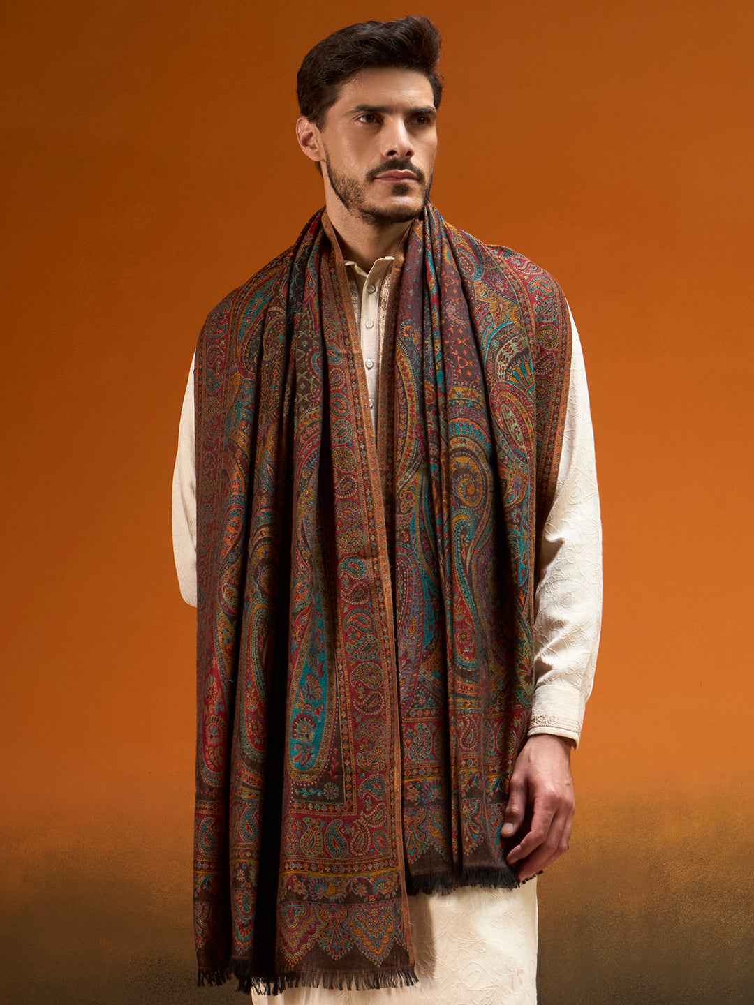 Pashmoda Men Grand Paisley Kaani Shawl, Authentic Kashmiri Pashmina Style Wrap, Medium Gents Lohi, Traditional Jamawar Woven Design, Gift Box Packed, Black Colour (40 x 80 Inches)