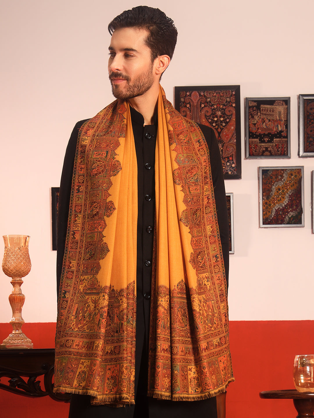 Pashmoda Men Arcadia Borders Kashmiri Jamawar Woven Shawl (Size: 101X203 CM)