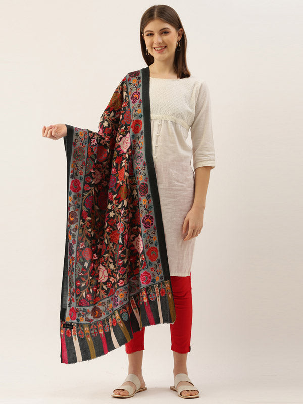 Women's Gul-E-Mehar 100% Pure Wool Kalamkari Hand Embroidered Stole (Size : 71X203 CM)