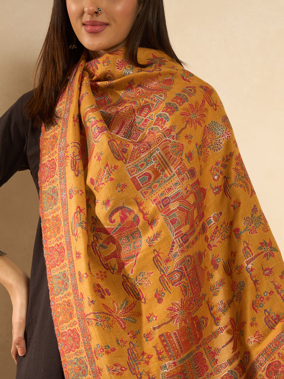 Pashmoda Imperial Caravan kaani stole Stole for Women, Wool Blend Pashmina Style Shawl Wrap, Traditional Kashmiri Jamawar Woven Design, Luxury Evening & Festive Scarf (28 x 80 Inches)