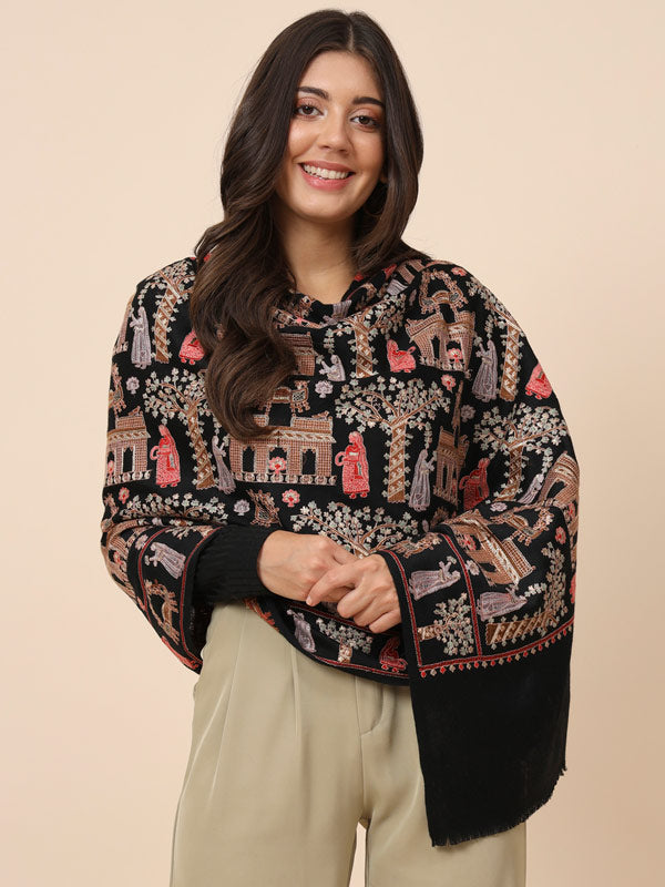 Women Dilkash 100% Pure Wool Embroidered Stole (Size 71X203 CM)