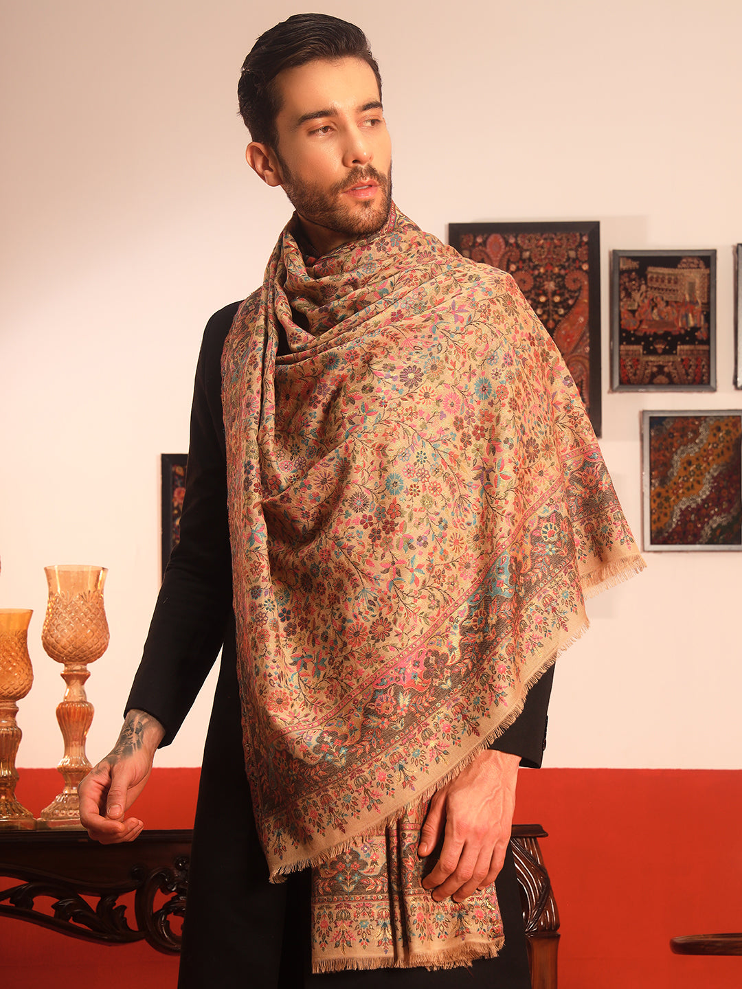 Pashmoda Men Nazrana Kaani Wool Blend Kashmiri Shawl (Size: 101X203 CM)