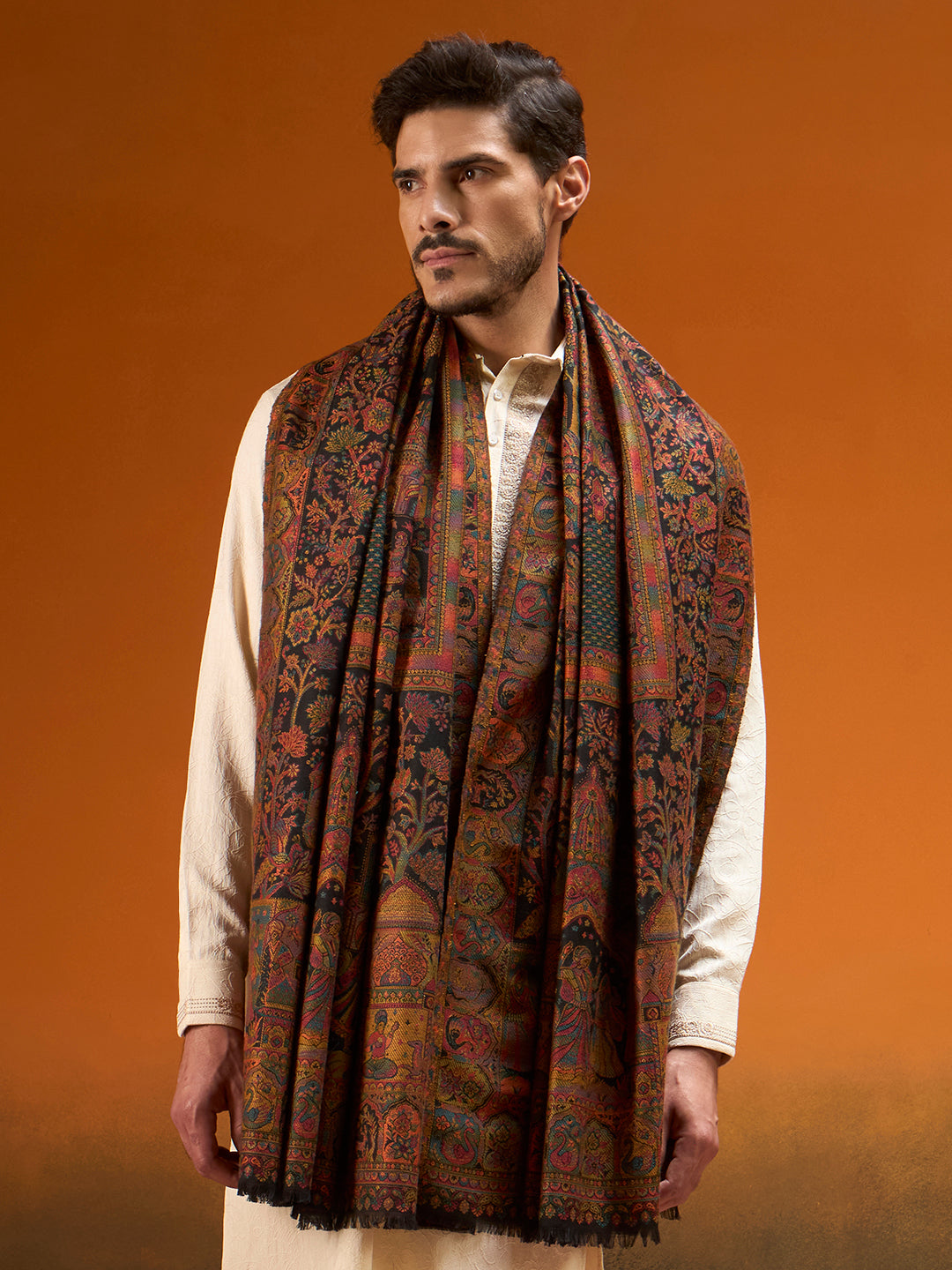 Pashmoda Men Shahi Manzar Fine Wool Kaani Shawl, Authentic Kashmiri Pashmina Style Wrap, Medium Gents Lohi, Traditional Jamawar Woven Design, Gift Box Packed, Black Colour (40 x 80 Inches)