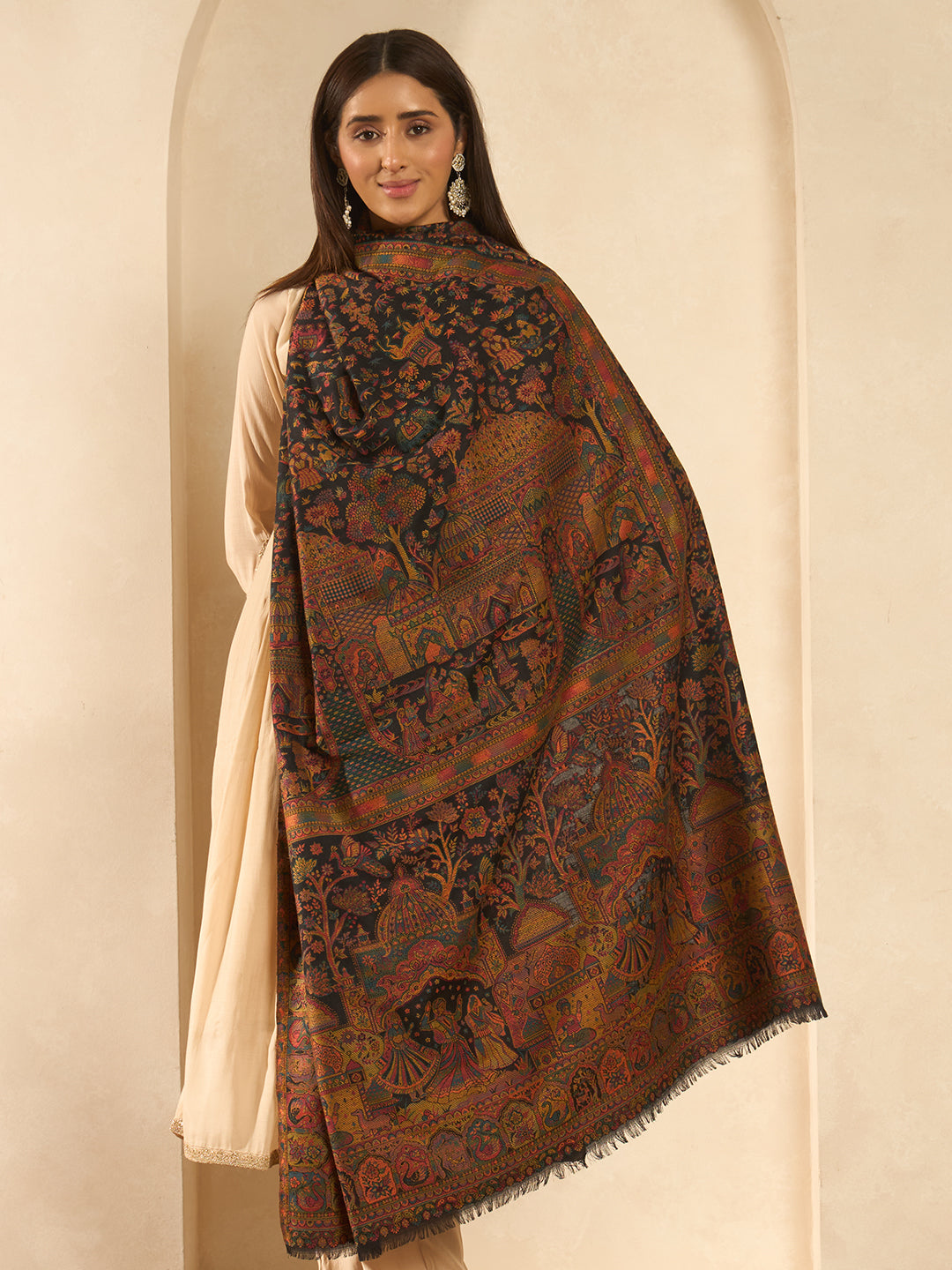Pashmoda Women Shahi Manzar Kaani Wool Blend Kashmiri Shawl, Stole, Scarf | Luxury Pashmina Jamawar Soft Warm Evening Wrap (Size 40X80 inches )