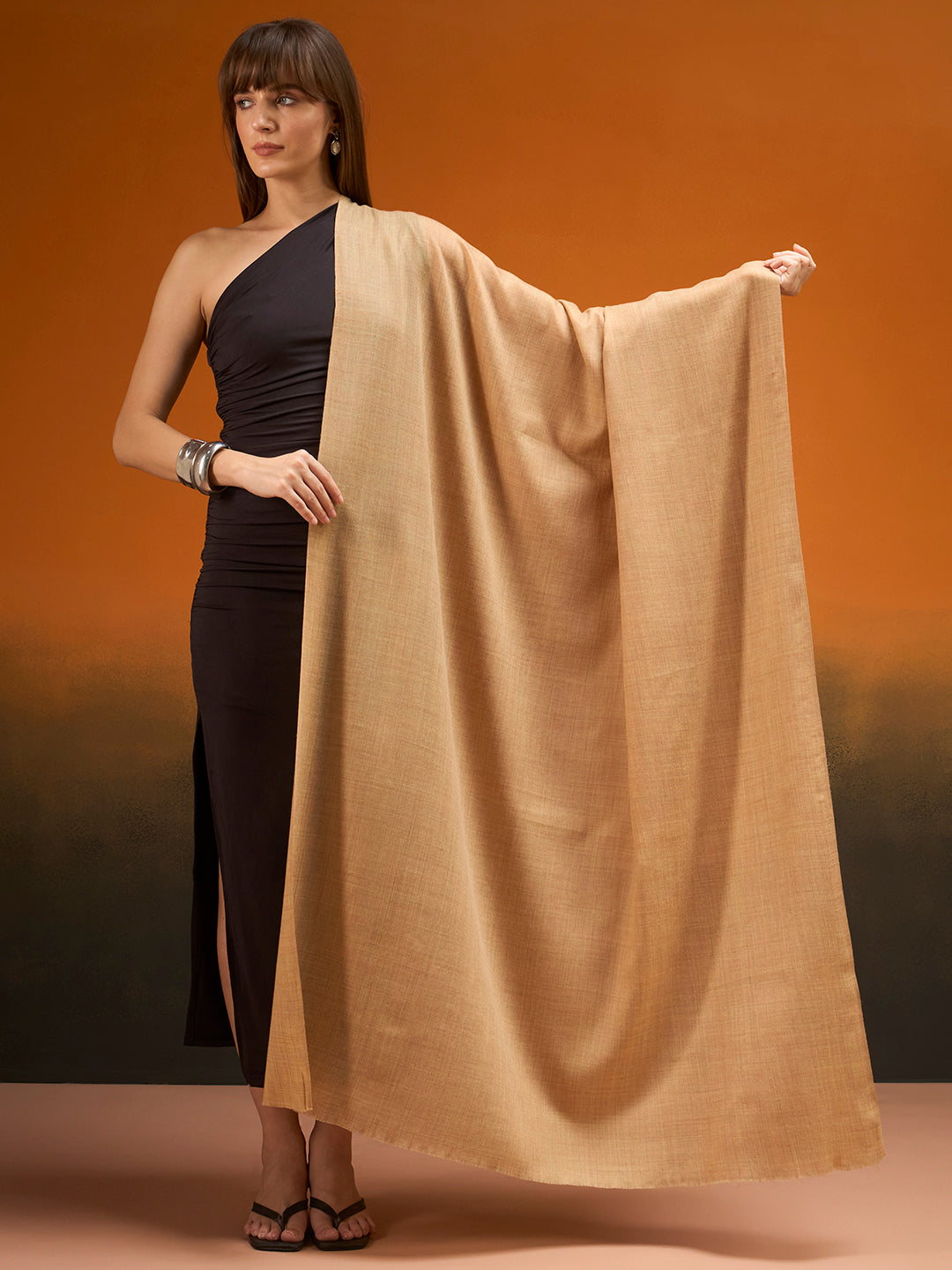 Women Verdant Grace Fine Wool Blend Solid Melange Shawl