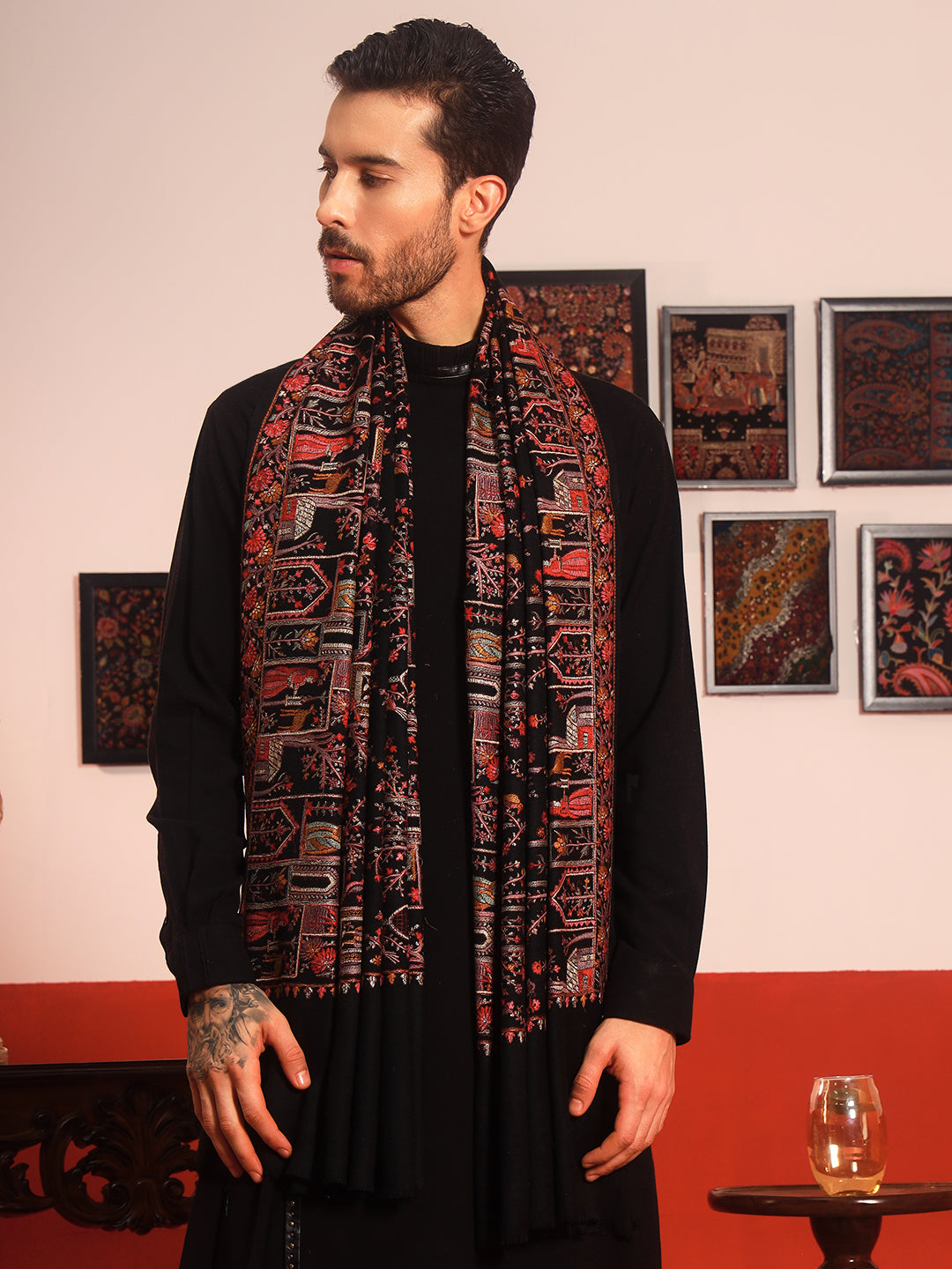 Pashmoda Men Arwina 100% Pure Wool Sozni Hand Embroidered Shawl (Size: 101x203 Cm)