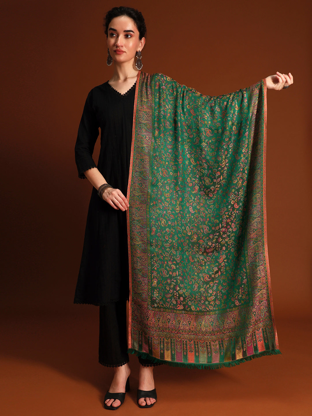 Pashmoda Imperial Royal botanica Stole for Women, Wool Blend Pashmina Style Shawl Wrap, Traditional Kashmiri Jamawar Woven Design, Luxury Evening & Festive Scarf (28 x 80 Inches)