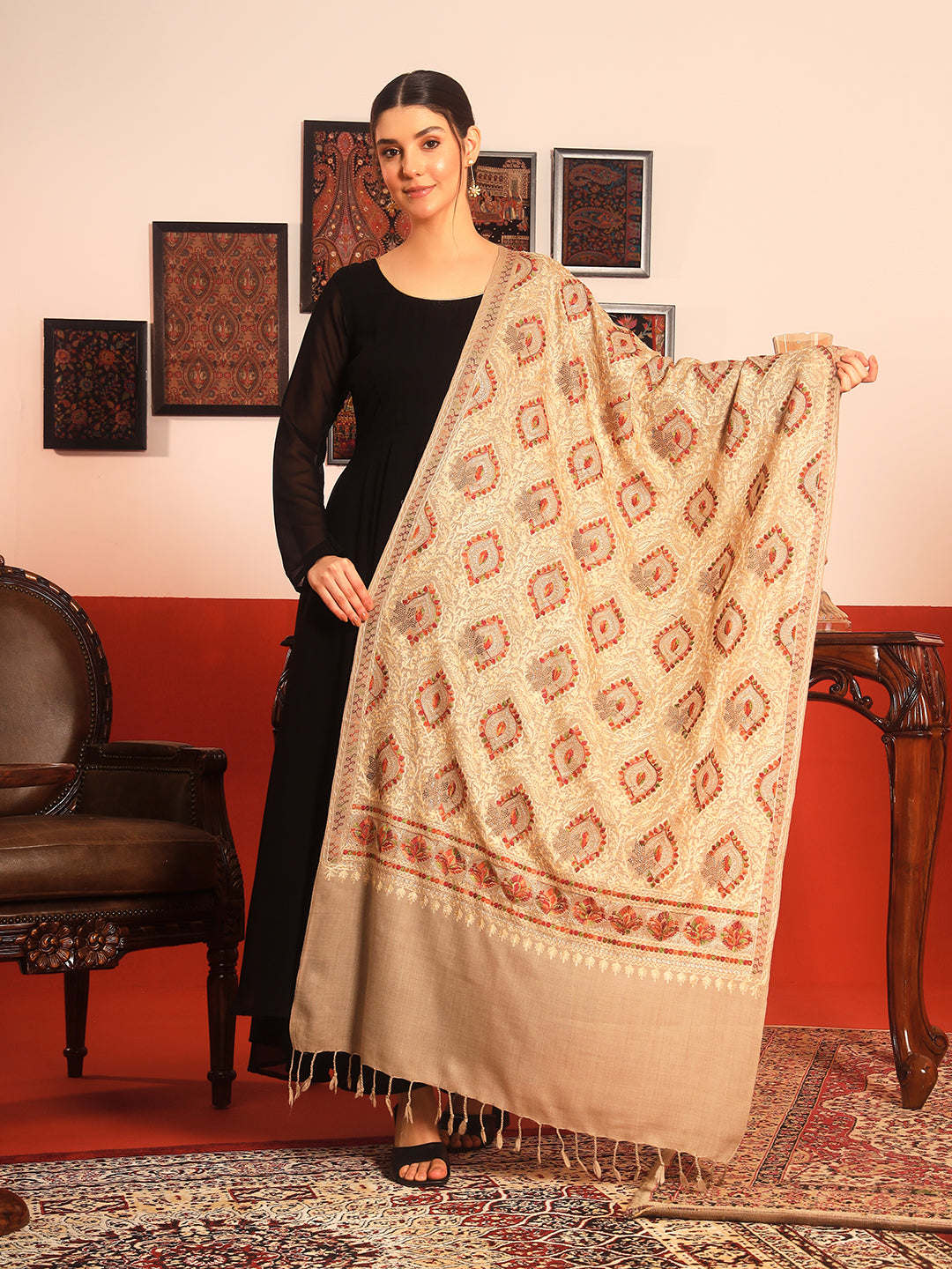 Pashmoda Women Ornate Harmony Fine Wool Nalki Embroidered Stole (Size : 71X203 CM)