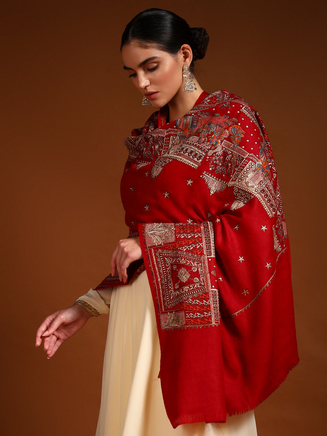 Pashmoda Women Zavian 100% Pure Wool Sozni Hand Embroidered Shawl (Size: 101x203 Cm)