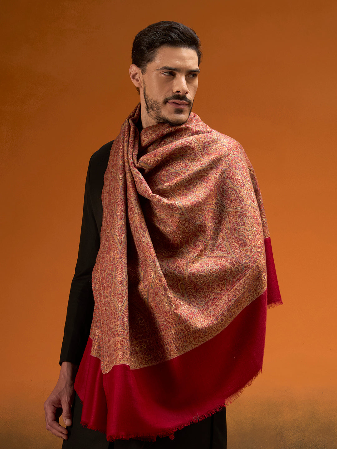 Pashmoda Men Regalis Reversible Kaani Zari Shawl, Rich All-Over Zari Woven Design, Authentic Kashmiri Pashmina Style Wrap, Medium Gents Lohi, Gift Box Packed, Maroon Colour (40 x 80 Inches)