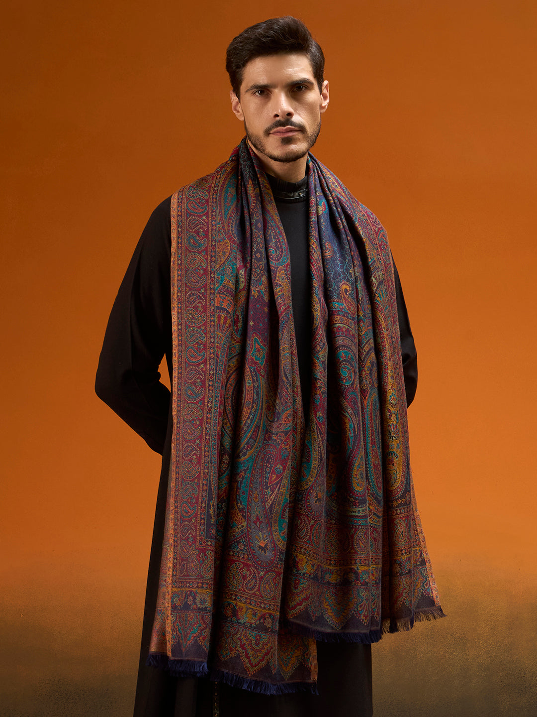 Pashmoda Men Grand Paisley Kaani Shawl, Authentic Kashmiri Pashmina Style Wrap, Medium Gents Lohi, Traditional Jamawar Woven Design, Gift Box Packed, Navyblue Colour (40 x 80 Inches)