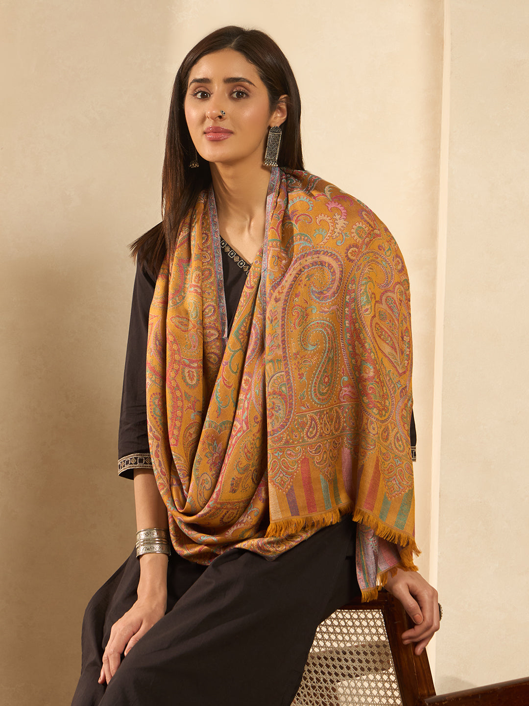 Pashmoda Imperial Ambi Kaani Stole for Women, Wool Blend Pashmina Style Shawl Wrap, Traditional Kashmiri Jamawar Woven Design, Luxury Evening & Festive Scarf (28 x 80 Inches)