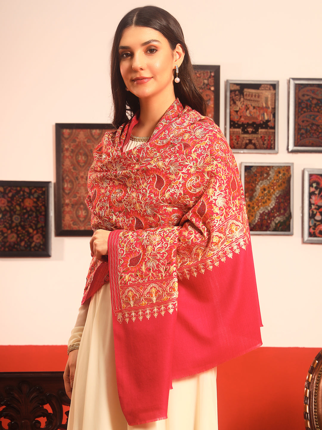 Pashmoda Women Ruhani Fine Wool Nalki Hand Embroidered Shawl (Size: 101x203 Cm)